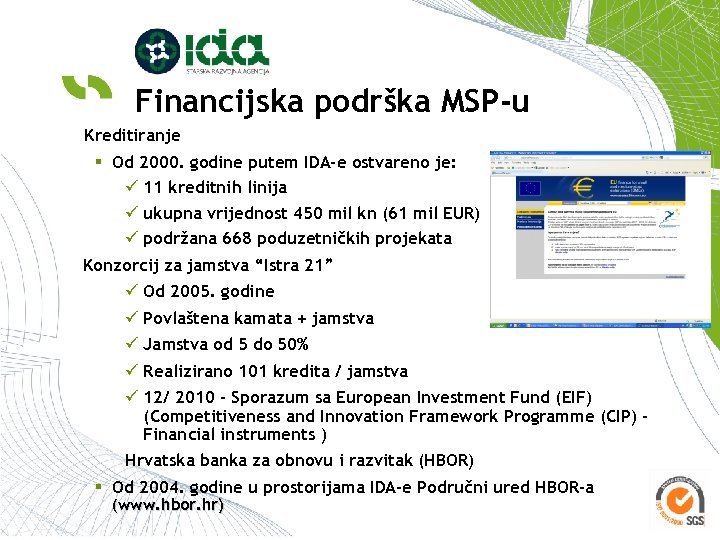 Financijska podrška MSP-u Kreditiranje § Od 2000. godine putem IDA-e ostvareno je: ü 11