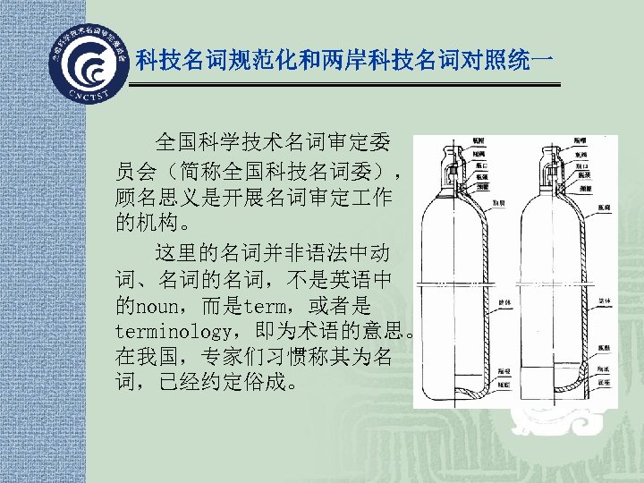 科技名词规范化和两岸科技名词对照统一 全国科学技术名词审定委 员会（简称全国科技名词委）， 顾名思义是开展名词审定 作 的机构。 这里的名词并非语法中动 词、名词的名词，不是英语中 的noun，而是term，或者是 terminology，即为术语的意思。 在我国，专家们习惯称其为名 词，已经约定俗成。 