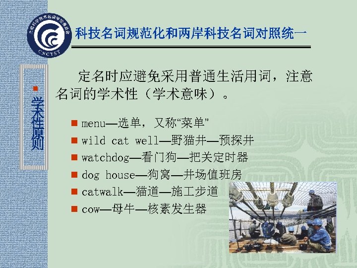 科技名词规范化和两岸科技名词对照统一 ¡ 学 术 性 原 则 定名时应避免采用普通生活用词，注意 名词的学术性（学术意味）。 n menu—选单，又称“菜单” n wild cat