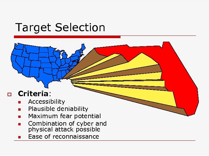 Target Selection o Criteria: n n n Accessibility Plausible deniability Maximum fear potential Combination