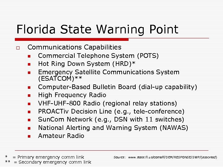 Florida State Warning Point o Communications Capabilities n Commercial Telephone System (POTS) n Hot