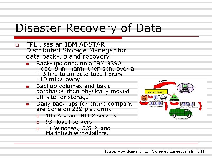 Disaster Recovery of Data o FPL uses an IBM ADSTAR Distributed Storage Manager for