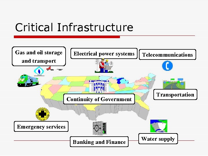 Critical Infrastructure Gas and oil storage and transport Electrical power systems Continuity of Government