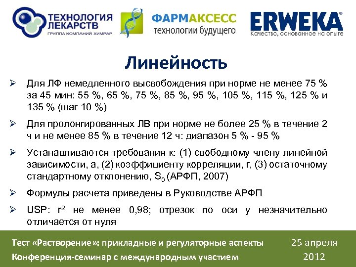 Линейность Ø Для ЛФ немедленного высвобождения при норме не менее 75 % за 45