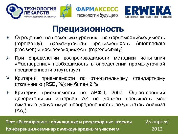 Прецизионность Ø Определяют на нескольких уровнях – повторяемость/сходимость (repetability), промежуточная прецизионность (intermediate precision) и
