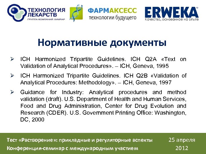 Нормативные документы Ø ICH Harmonized Tripartite Guidelines. ICH Q 2 A «Text on Validation