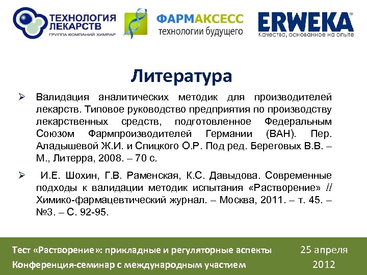 Литература Ø Валидация аналитических методик для производителей лекарств. Типовое руководство предприятия по производству лекарственных