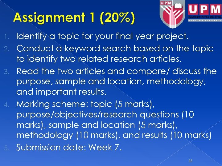 Assignment 1 (20%) 1. 2. 3. 4. 5. Identify a topic for your final