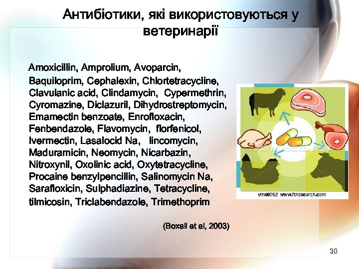 Антибіотики, які використовуються у ветеринарії Amoxicillin, Amprolium, Avoparcin, Baquiloprim, Cephalexin, Chlortetracycline, Clavulanic acid, Clindamycin,