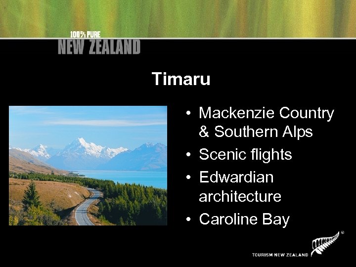 Timaru • Mackenzie Country & Southern Alps • Scenic flights • Edwardian architecture •