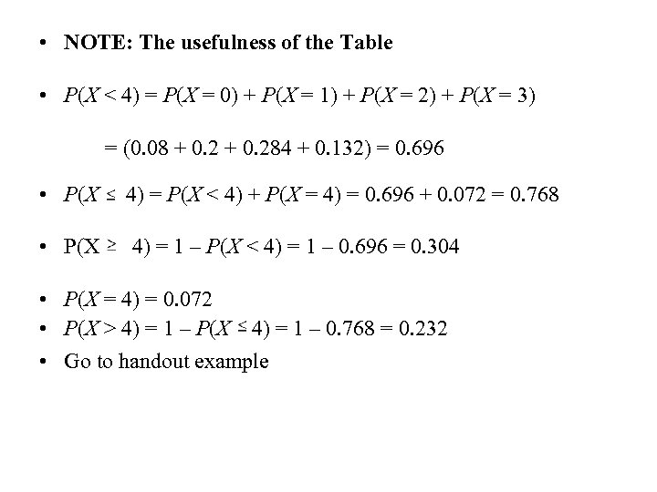 • NOTE: The usefulness of the Table • P(X < 4) = P(X