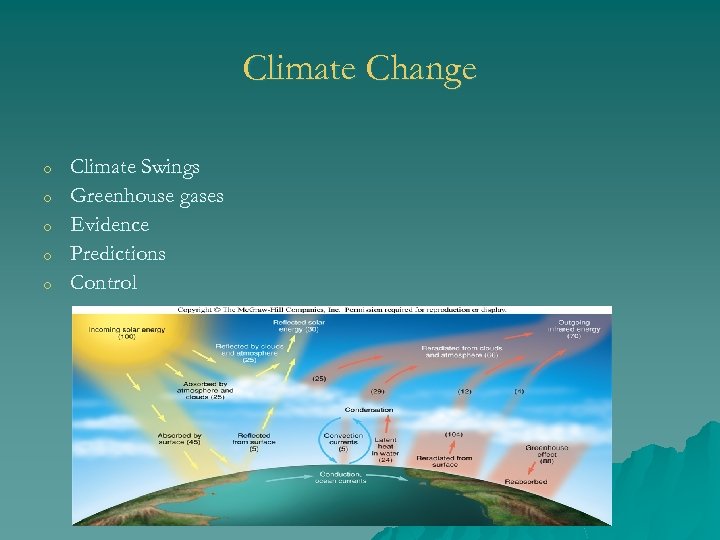 Climate Change o o o Climate Swings Greenhouse gases Evidence Predictions Control 
