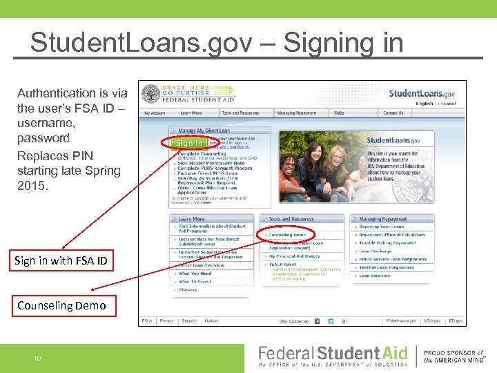 Student. Loans. gov – Signing in Authentication is via the user’s FSA ID –