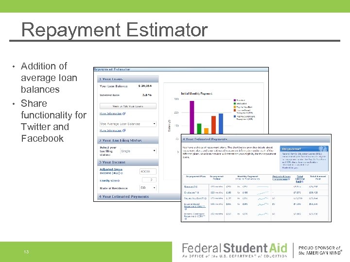 Repayment Estimator Addition of average loan balances • Share functionality for Twitter and Facebook