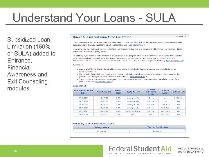 Understand Your Loans - SULA Subsidized Loan Limitation (150% or SULA) added to Entrance,