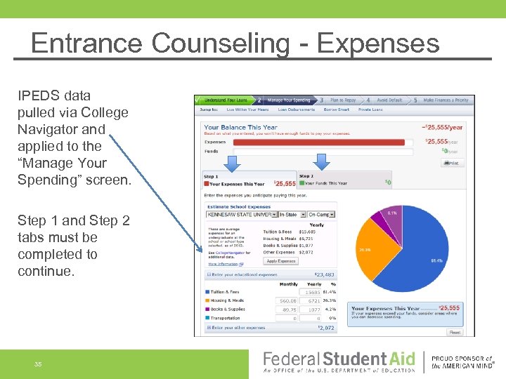 Entrance Counseling - Expenses IPEDS data pulled via College Navigator and applied to the