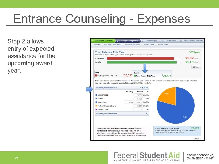 Entrance Counseling - Expenses Step 2 allows entry of expected assistance for the upcoming