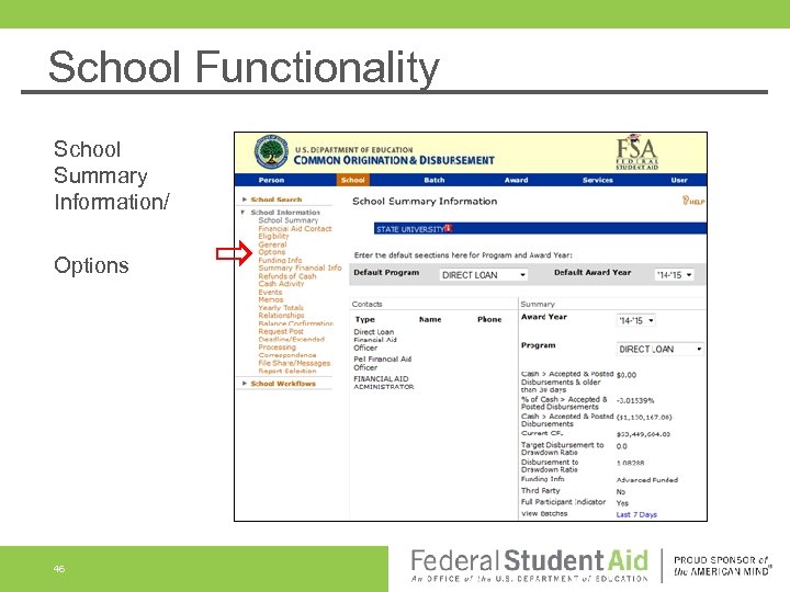 School Functionality School Summary Information/ Options 46 
