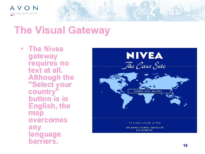 The Visual Gateway • The Nivea gateway requires no text at all. Although the