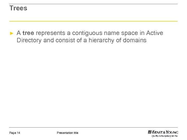 Trees ► A tree represents a contiguous name space in Active Directory and consist