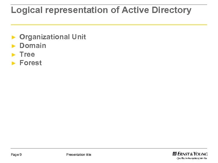 Logical representation of Active Directory ► ► Organizational Unit Domain Tree Forest Page 9