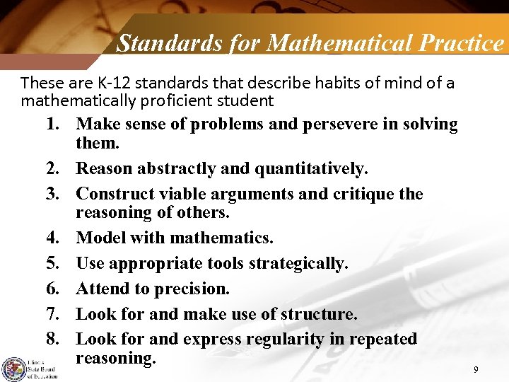 Standards for Mathematical Practice These are K-12 standards that describe habits of mind of