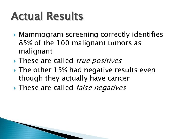 Actual Results Mammogram screening correctly identifies 85% of the 100 malignant tumors as malignant