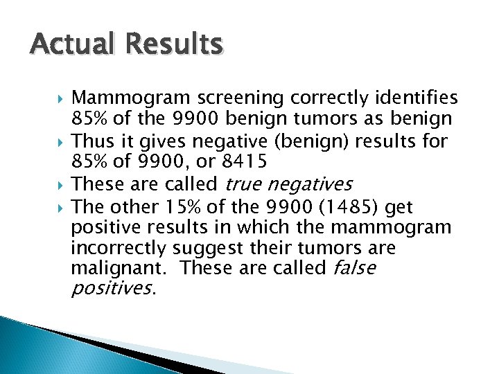 Actual Results Mammogram screening correctly identifies 85% of the 9900 benign tumors as benign