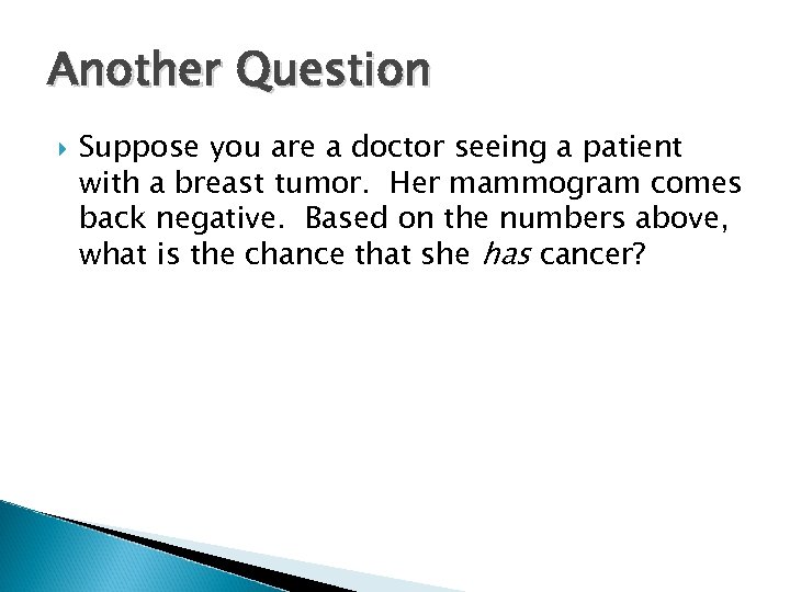 Another Question Suppose you are a doctor seeing a patient with a breast tumor.