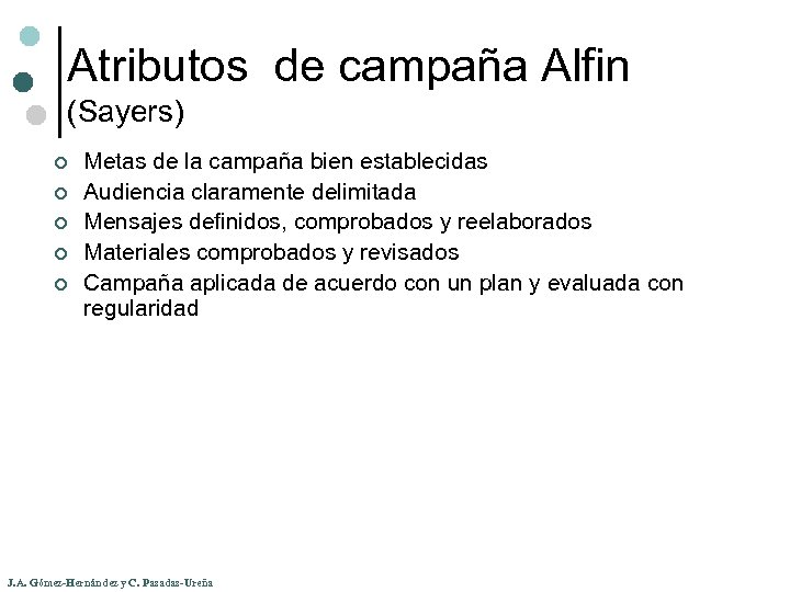 Atributos de campaña Alfin (Sayers) ¢ ¢ ¢ Metas de la campaña bien establecidas