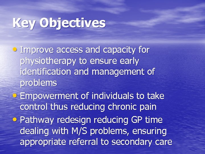 Key Objectives • Improve access and capacity for physiotherapy to ensure early identification and