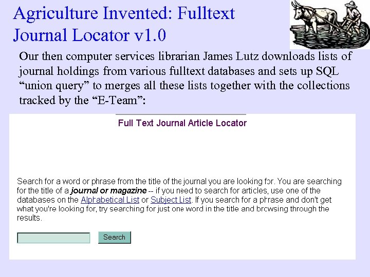 Agriculture Invented: Fulltext Journal Locator v 1. 0 Our then computer services librarian James