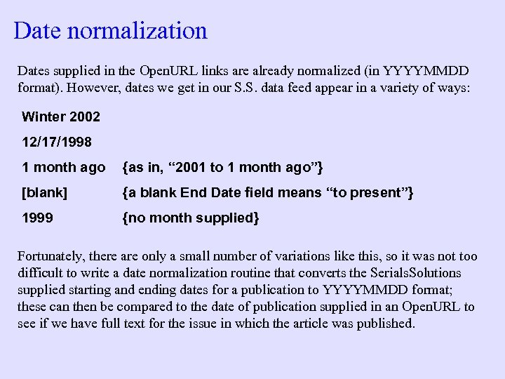 Date normalization Dates supplied in the Open. URL links are already normalized (in YYYYMMDD
