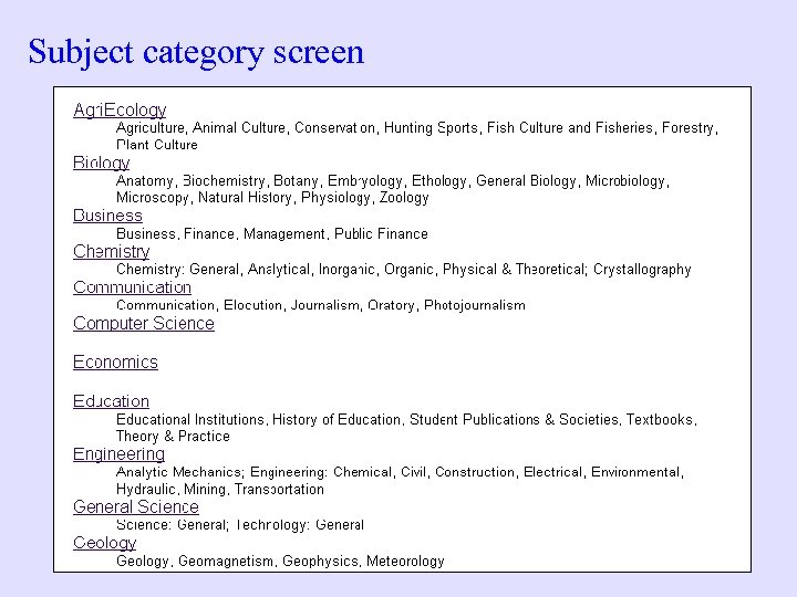 Subject category screen 