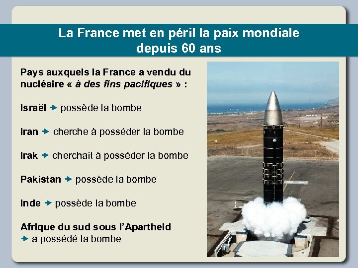 La France met en péril la paix mondiale depuis 60 ans Pays auxquels la
