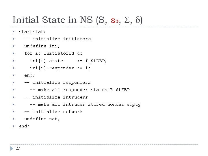 Initial State in NS (S, s 0, , ) startstate -- initialize initiators undefine