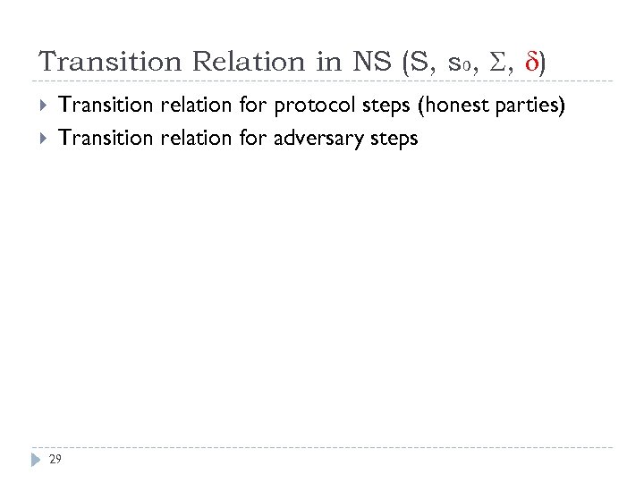 Transition Relation in NS (S, s 0, , ) Transition relation for protocol steps