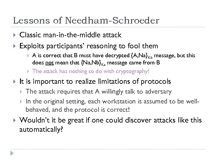Lessons of Needham-Schroeder Classic man-in-the-middle attack Exploits participants’ reasoning to fool them It is