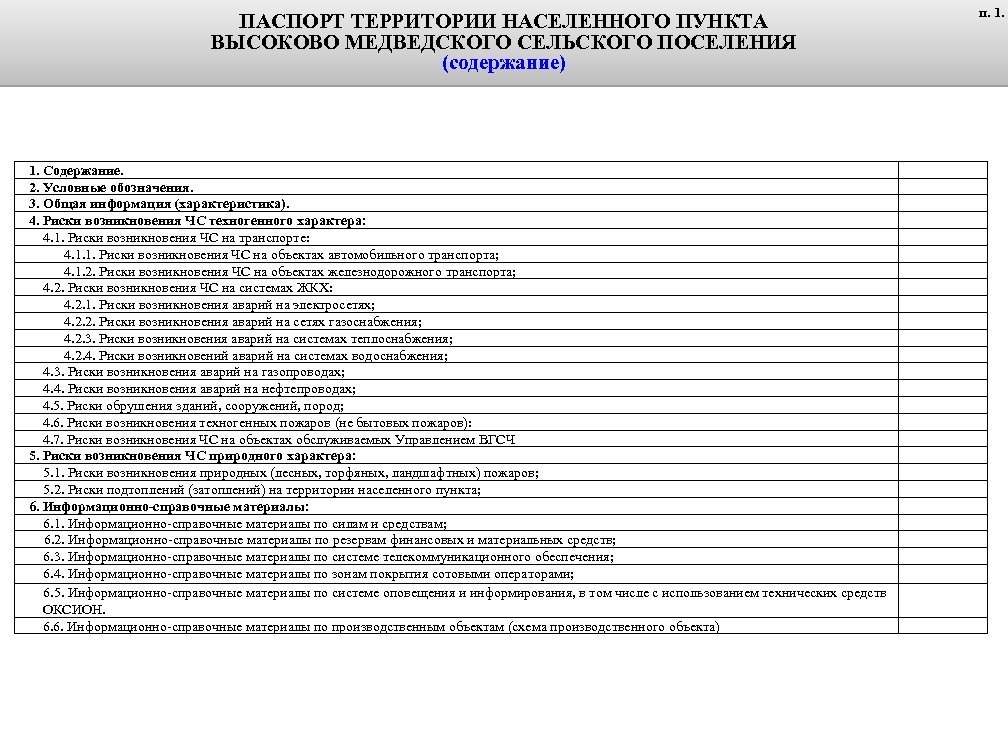 ПАСПОРТ ТЕРРИТОРИИ НАСЕЛЕННОГО ПУНКТА ВЫСОКОВО МЕДВЕДСКОГО СЕЛЬСКОГО ПОСЕЛЕНИЯ (содержание) 1. Содержание. 2. Условные обозначения.