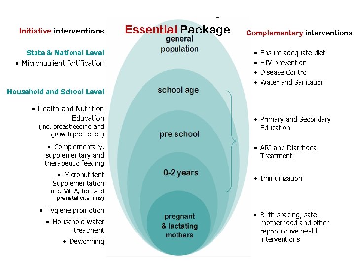 Initiative interventions State & National Level • Micronutrient fortification Essential Package Complementary interventions •
