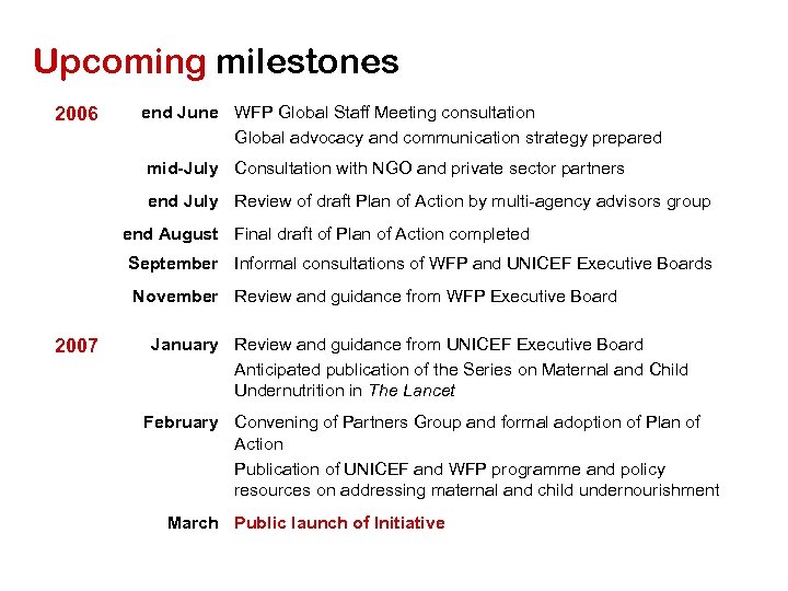 Upcoming milestones 2006 end June WFP Global Staff Meeting consultation Global advocacy and communication