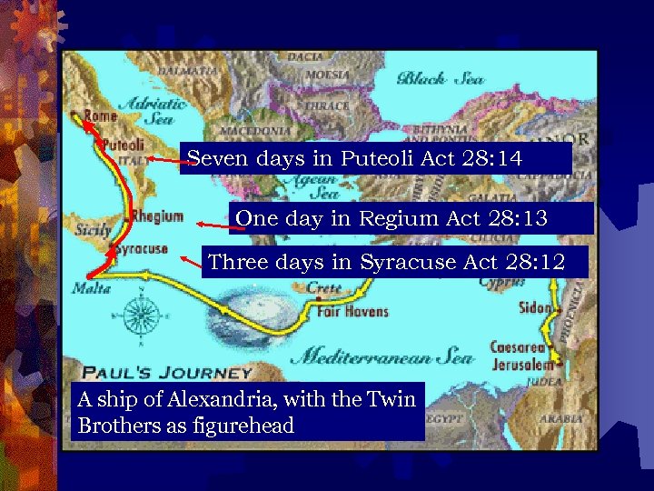 Seven days in Puteoli Act 28: 14 One day in Regium Act 28: 13