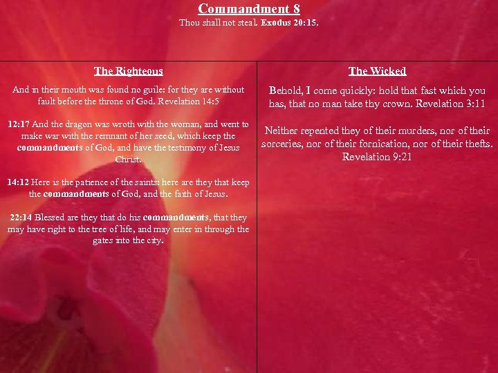 Commandment 8 Thou shall not steal. Exodus 20: 15. The Righteous The Wicked And
