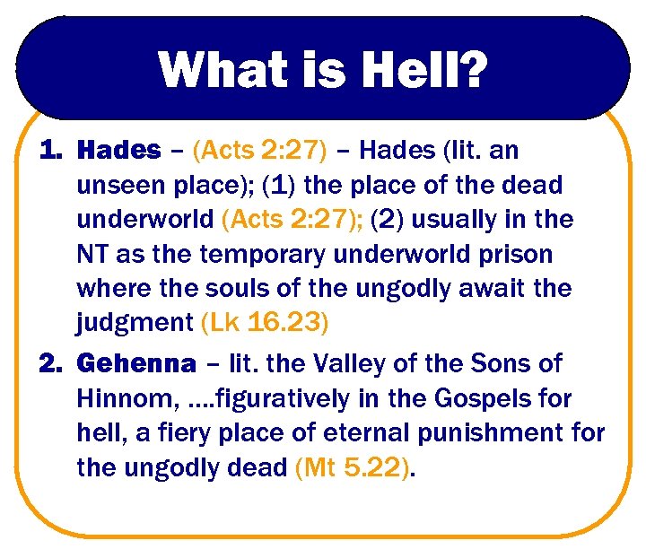 What is Hell? 1. Hades – (Acts 2: 27) – Hades (lit. an unseen