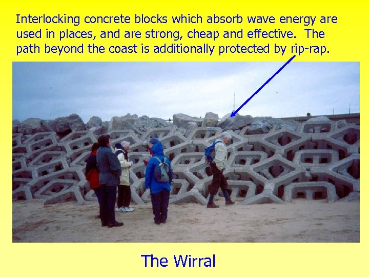 Interlocking concrete blocks which absorb wave energy are used in places, and are strong,