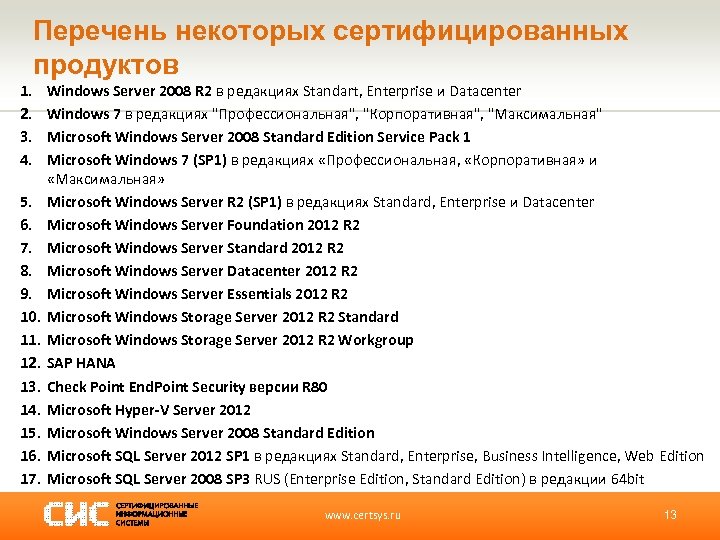 Перечень некоторых сертифицированных продуктов 1. 2. 3. 4. 5. 6. 7. 8. 9. 10.