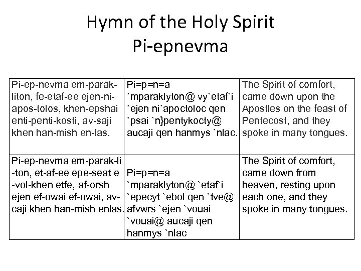 Hymn of the Holy Spirit Pi-epnevma Pi-ep-nevma em-parakliton, fe-etaf-ee ejen-niapos-tolos, khen-epshai enti-penti-kosti, av-saji khen