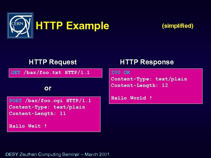 HTTP Example HTTP Request GET /bar/foo. txt HTTP/1. 1 or POST /bar/foo. cgi HTTP/1.