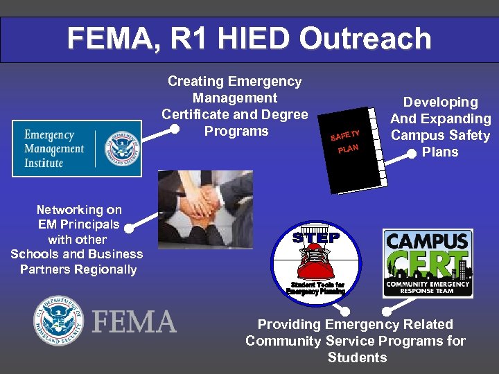 FEMA, R 1 HIED Outreach Creating Emergency Management Certificate and Degree Programs TY SAFE