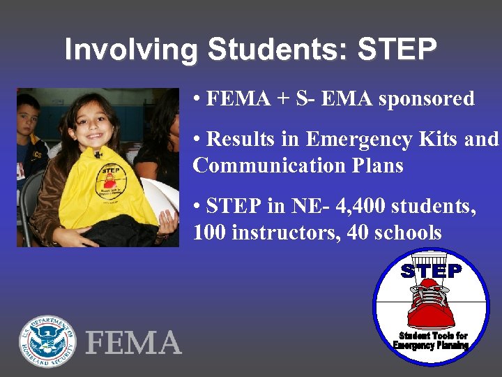 Involving Students: STEP • FEMA + S- EMA sponsored • Results in Emergency Kits